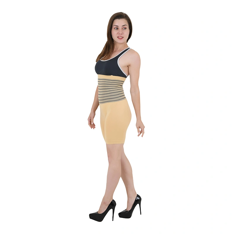 Nude tan seamless body shaper shorts with striped waistband, side view - shapewear ecommerce photography by Lohar Studio Delhi